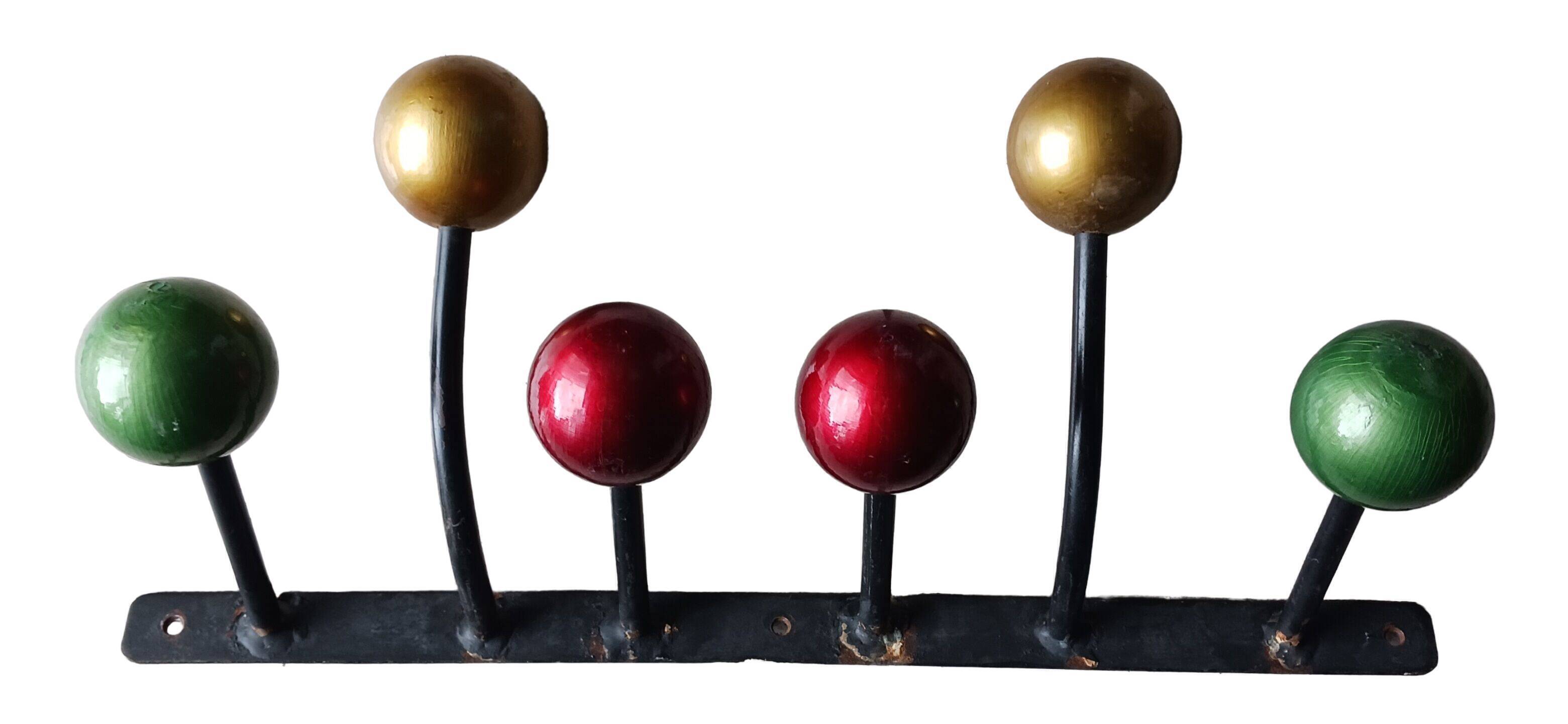 Wall coat rack in wrought iron, 6 balls of colors in wood bis