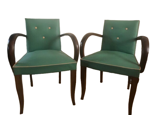 2 wooden and green skai club bridge armchairs