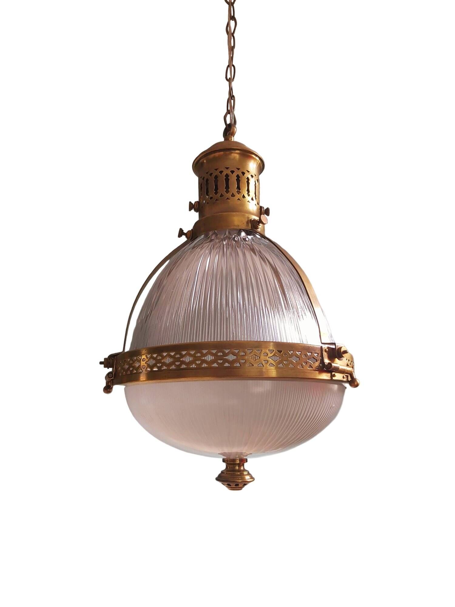 Holophane pendant lamp in prismatic glass and brass, 1920s-30s