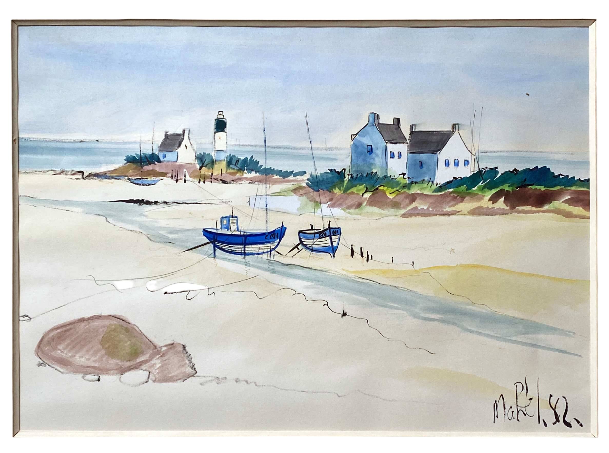 Watercolor painting "Breton Marine" seaside beach signed Mahel 82