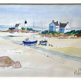 Watercolor painting "Breton Marine" seaside beach signed Mahel 82