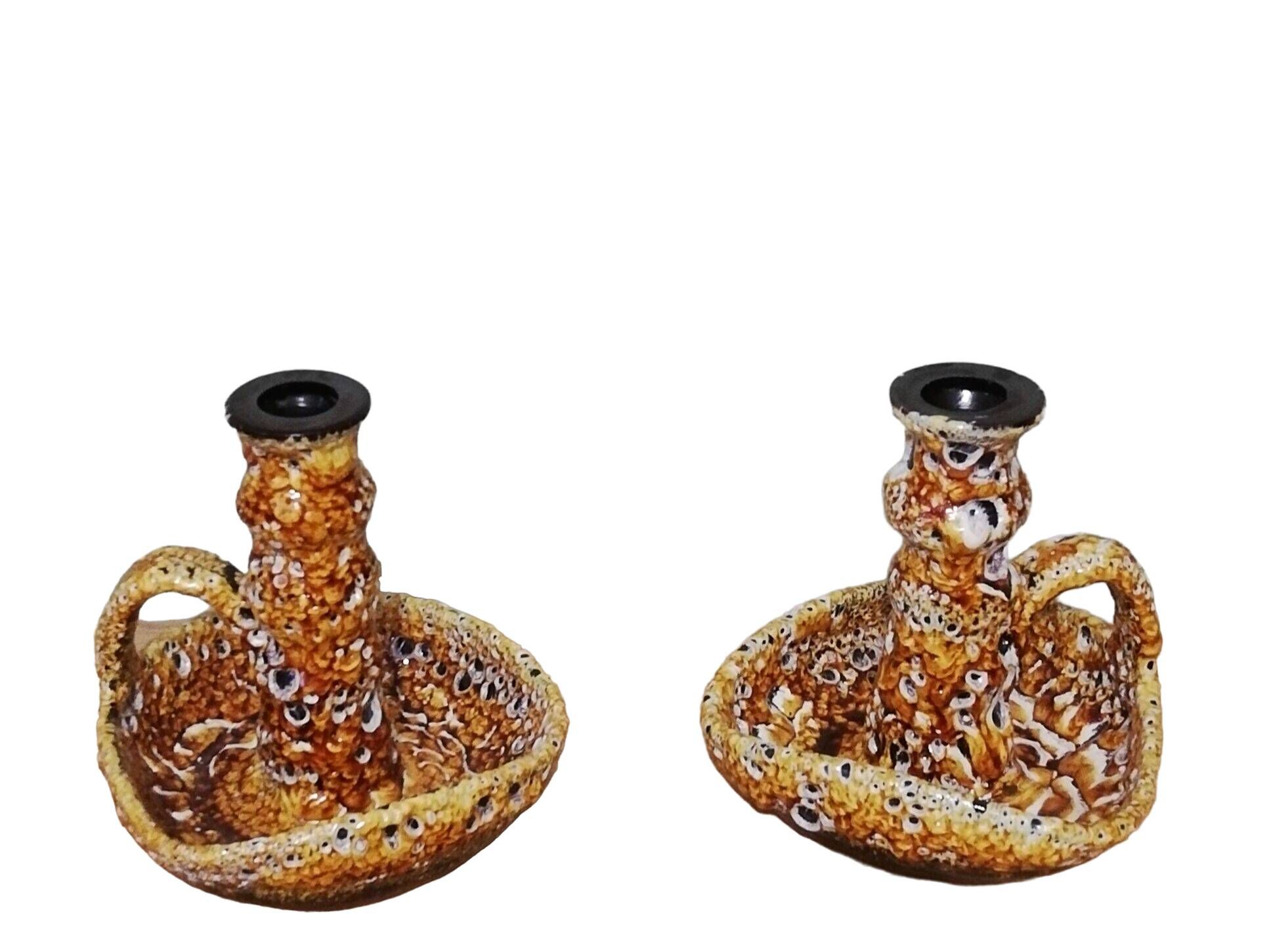 Pair of honey-colored Fat Lava ceramic candle holders