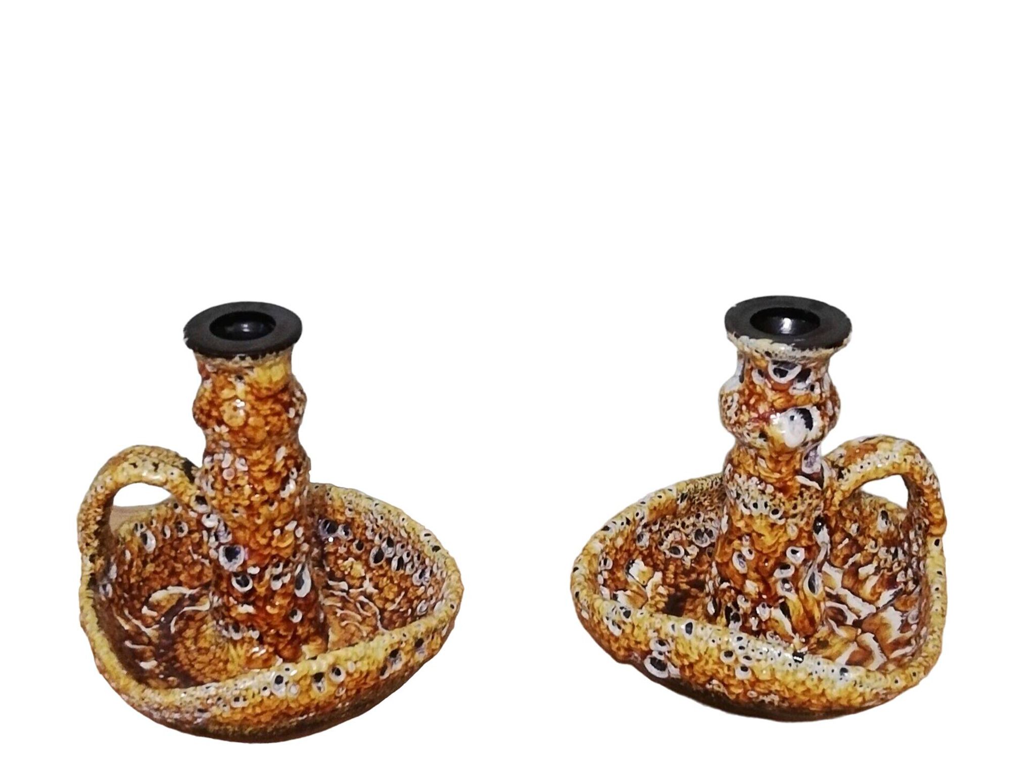 Pair of honey-colored Fat Lava ceramic candle holders