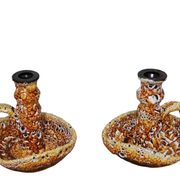 Pair of honey-colored Fat Lava ceramic candle holders
