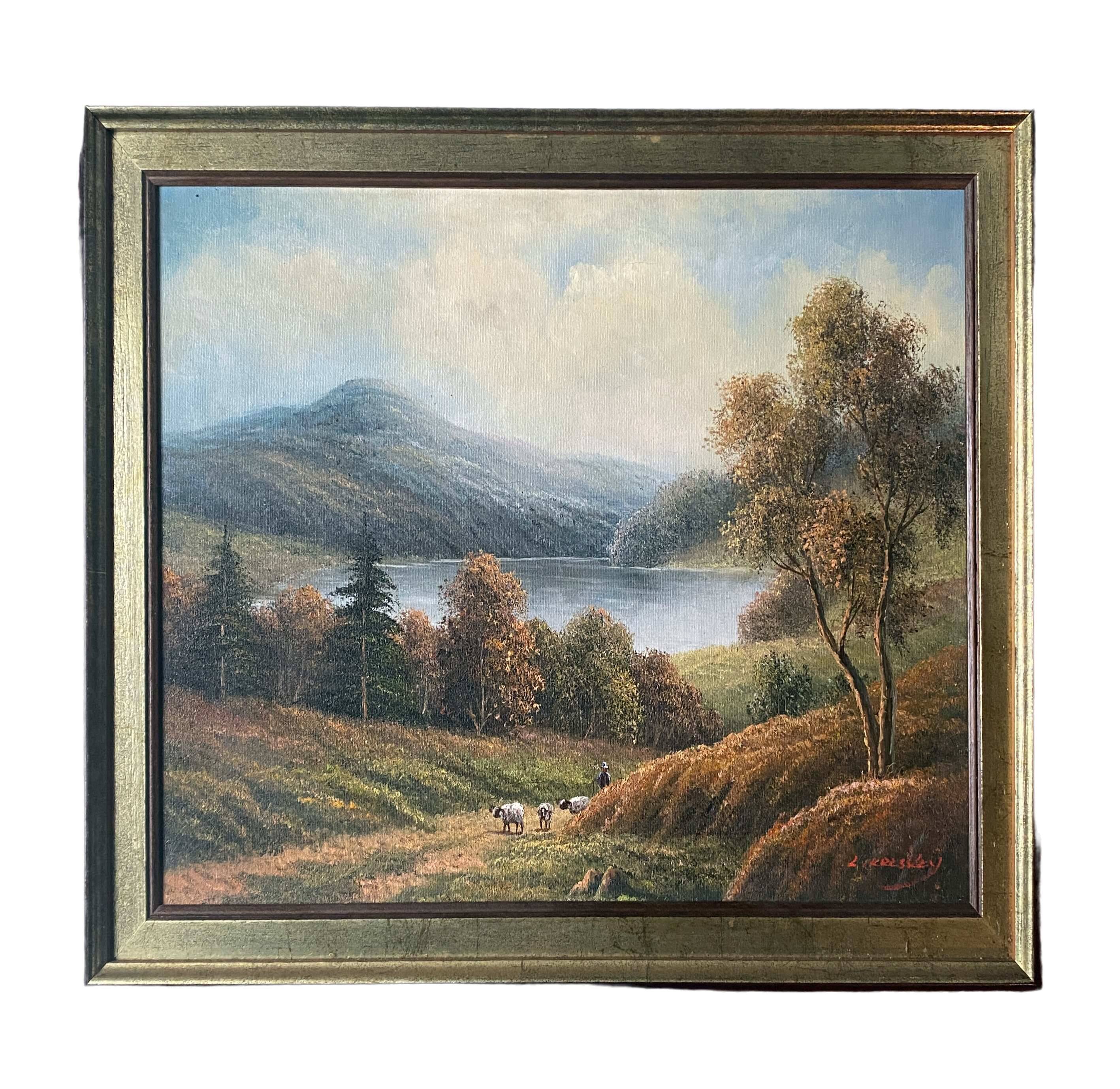 Table HST "animated pastoral landscape" HST signed (to be deciphered) + frame