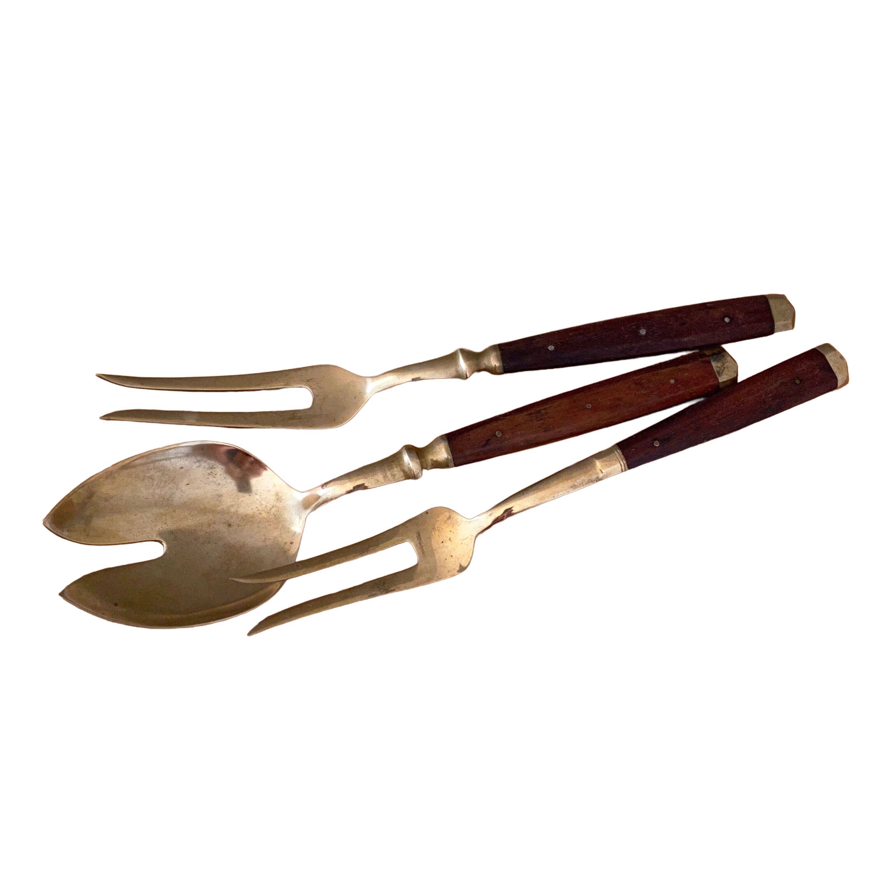 French Vintage Serving Set, Spoon and Fork, Wood Brass, Mid Century Cutlery