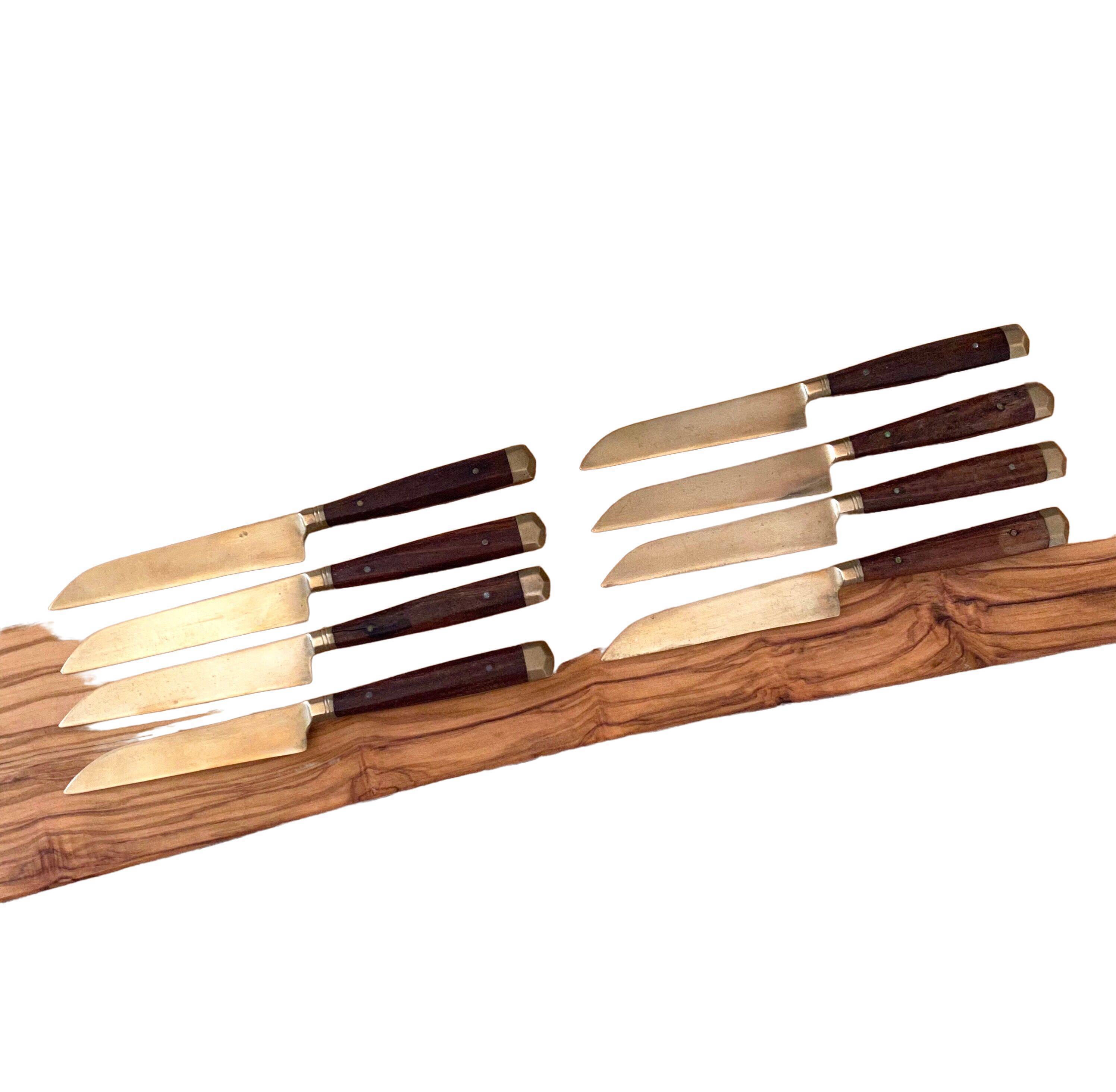 8 Vintage Knives, Antique Fruit Knives, Wooden Knife Set, Brass, Mid Century Cutlery.