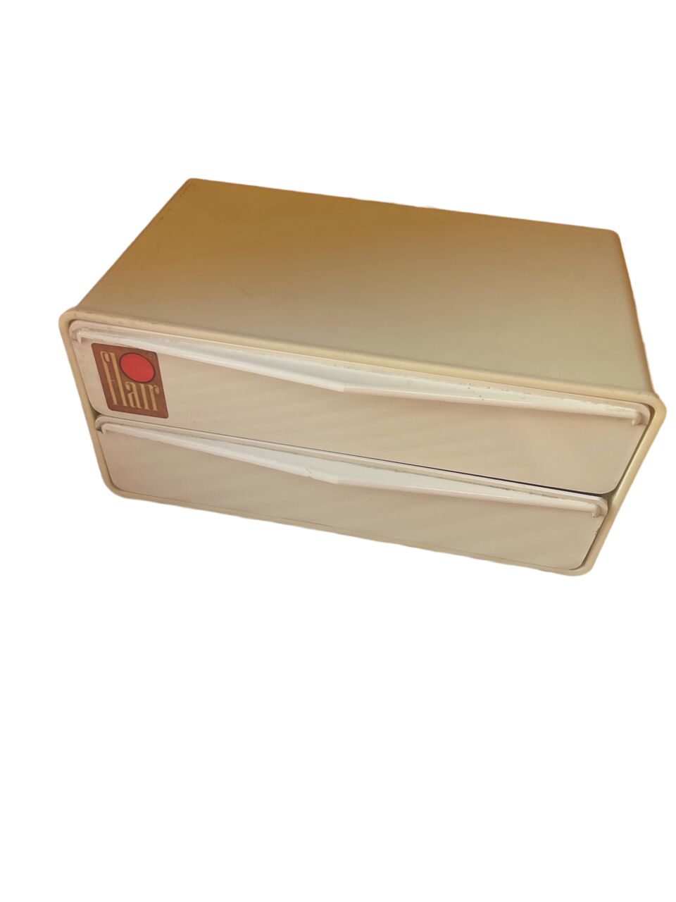 Bakelite white plastic vintage wall storage box with Flair origin label