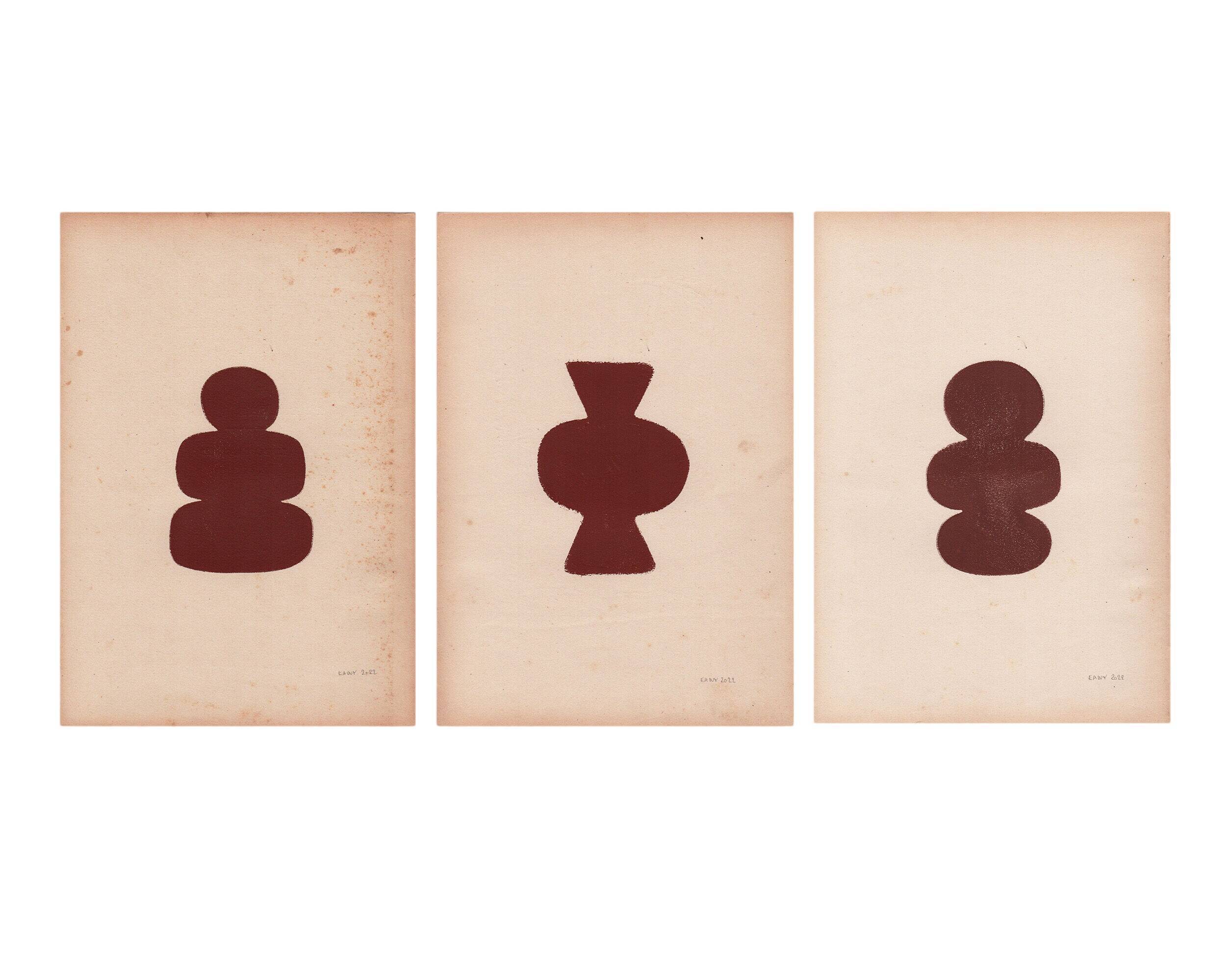 The 3 muses - set of 3 paintings on paper - terracotta - signed Eawy