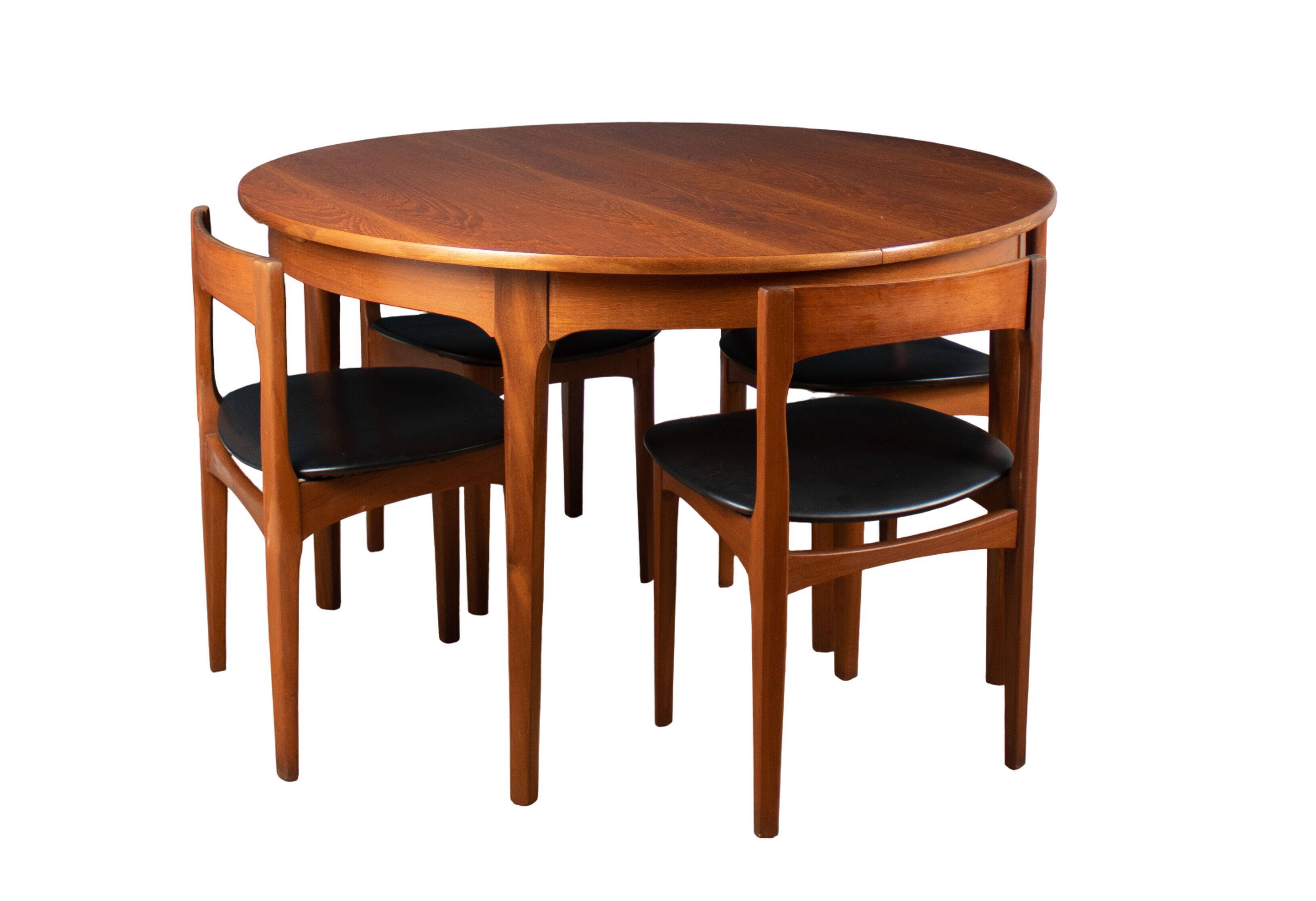Retro Teak 1960s Round Dining Table & Four Space Saving Chairs By Nathan