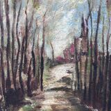 Old painting of a forest path