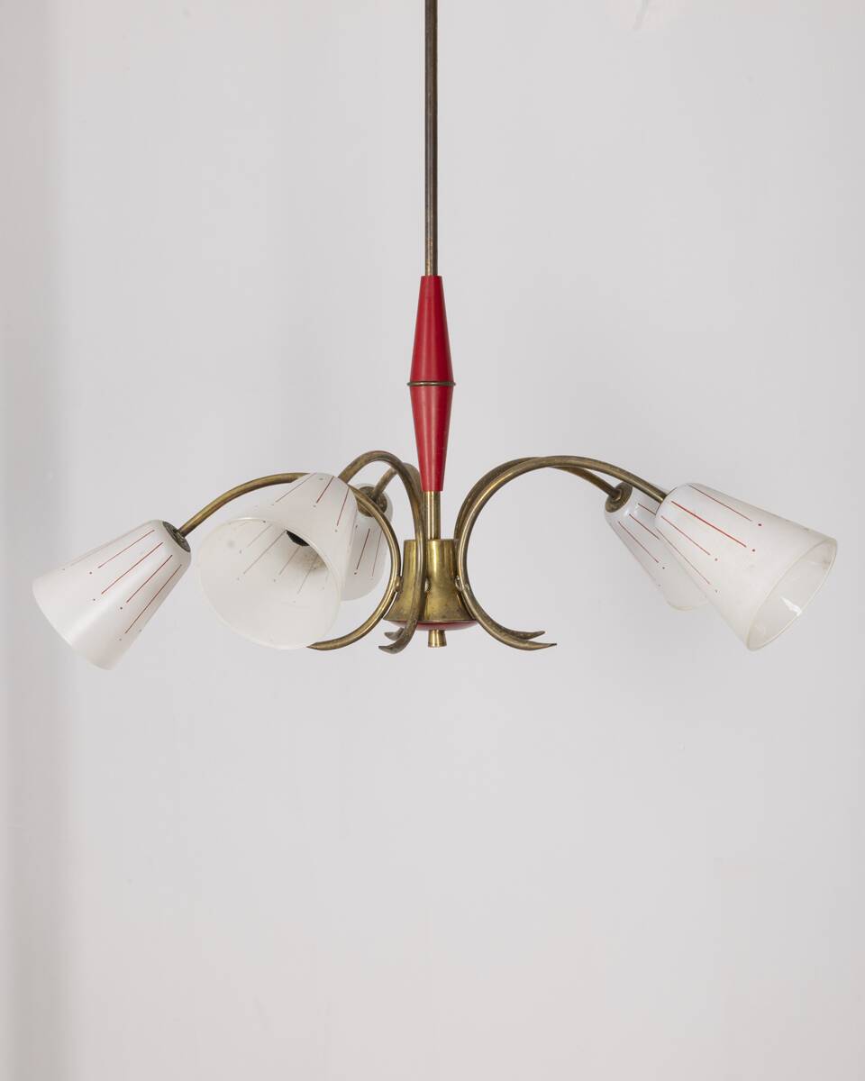 Vintage 60's chandelier, red metal and glass, italian design