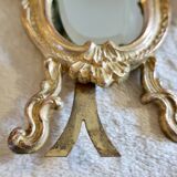 Small vintage 19th century mirror or hand mirror, bronze, beveled glass, baroque, rococo style.
