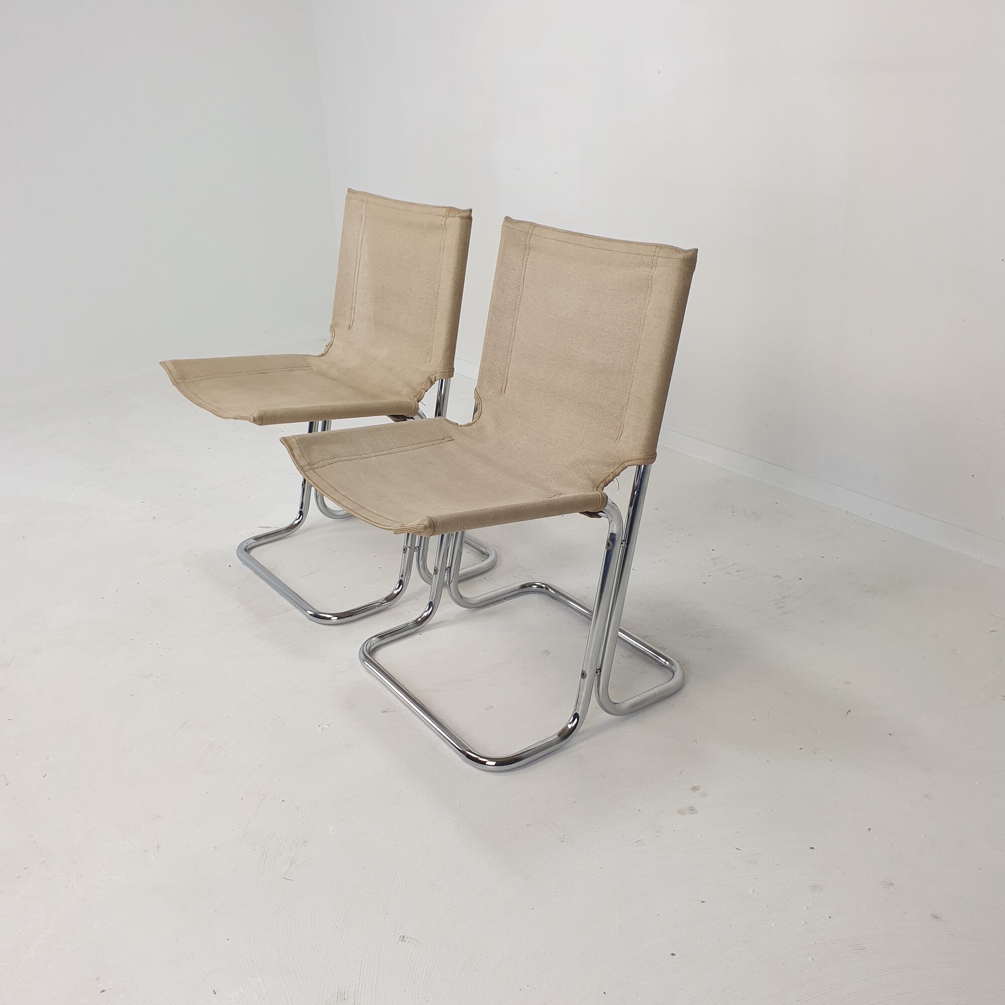 Set of 2 italian canvas and chromed metal chairs, 1970's