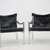 Chaise safari en cuir noir et chrome des années 1970 par johanson design, markaryd