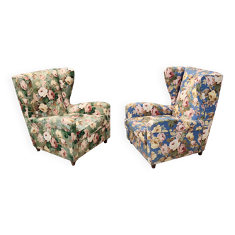 Vintage Pair of Authentic Floral Fabric Wingback Armchairs by Paolo Buffa Italy