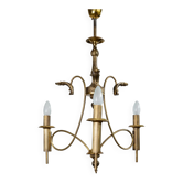 Chandelier en laiton doré, lampe de plafond antique des années 1930 avec 3 lumières, design strié.