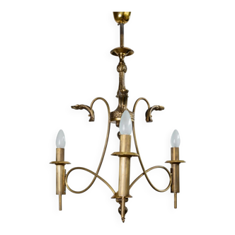 Doré laiton Brass chandelier, 1930s antique ceiling lamp with 3 lights, ribbed design