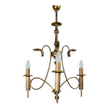 Doré laiton Brass chandelier, 1930s antique ceiling lamp with 3 lights, ribbed design
