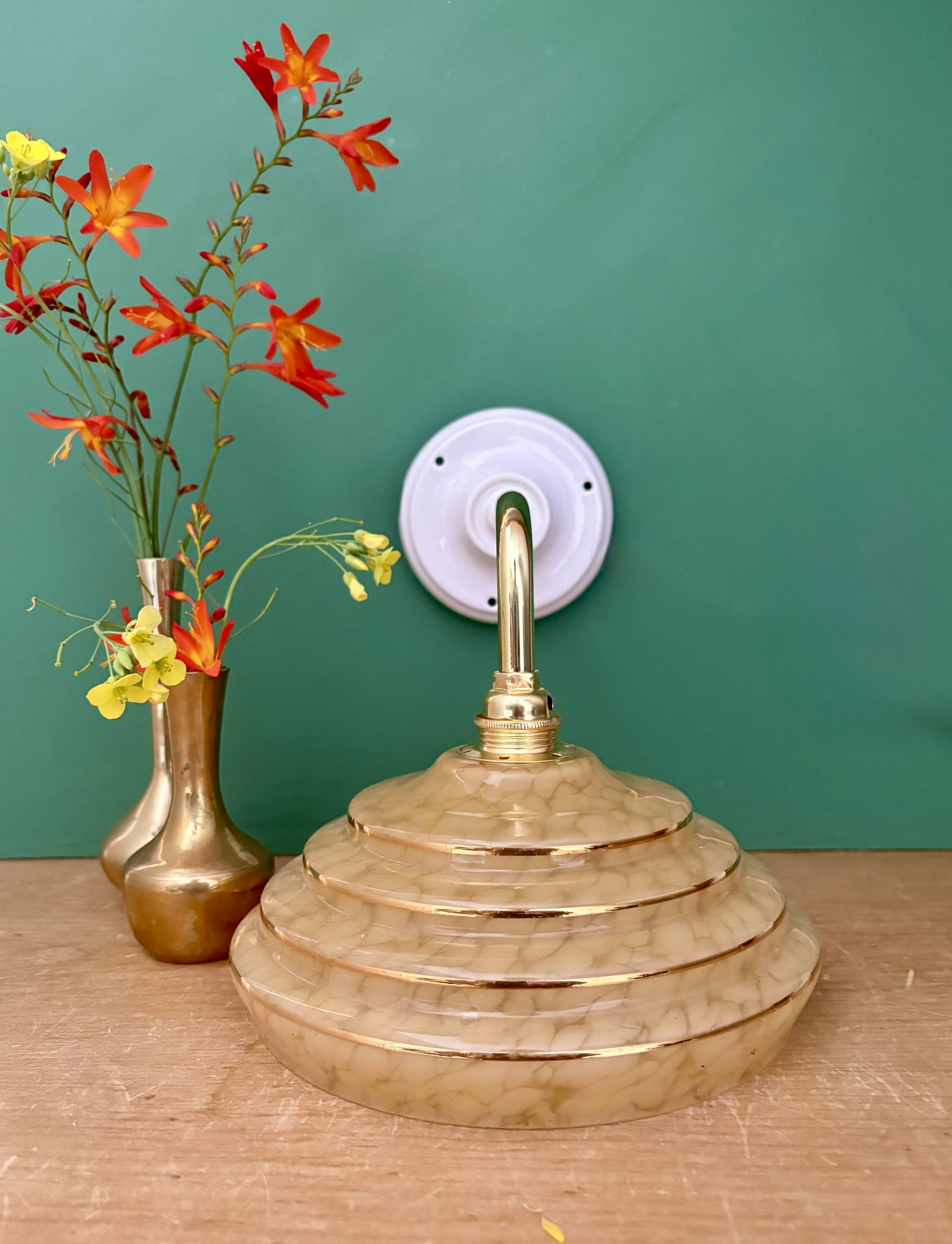 Vintage angled wall lamp with yellow and gold Clichy glass shade