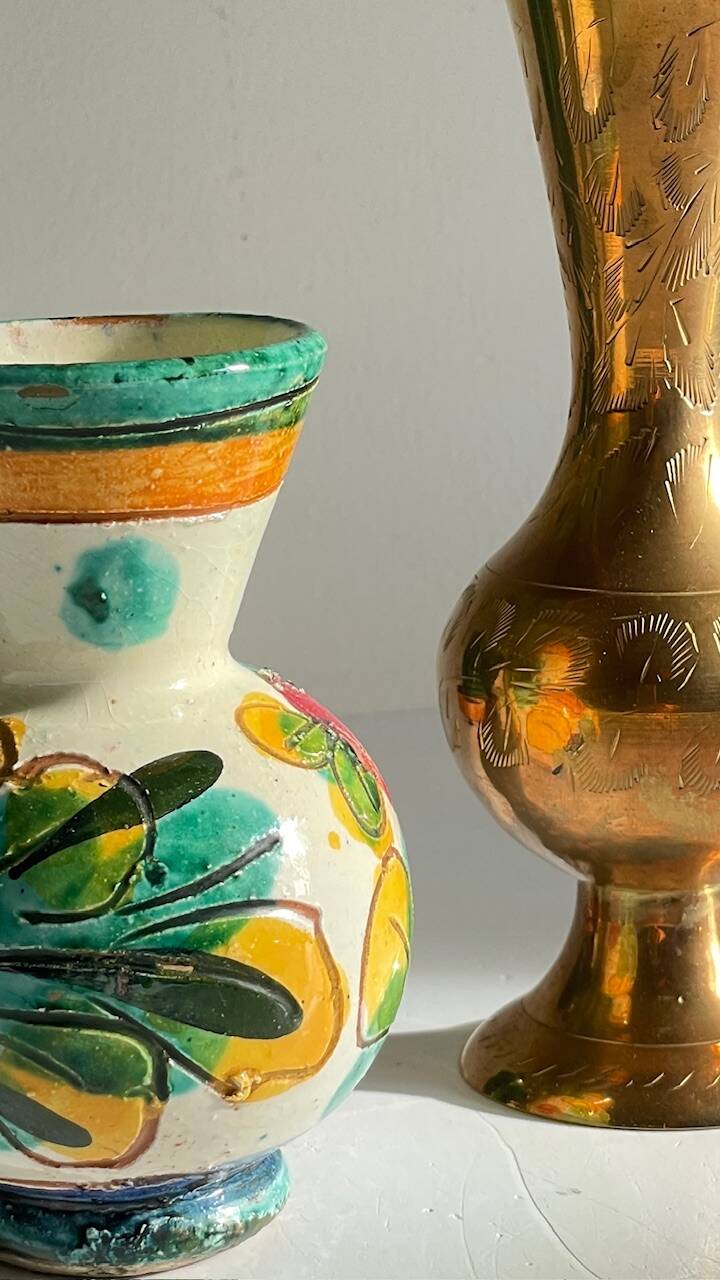 Vases céramique artisanale laiton ciselé vintage