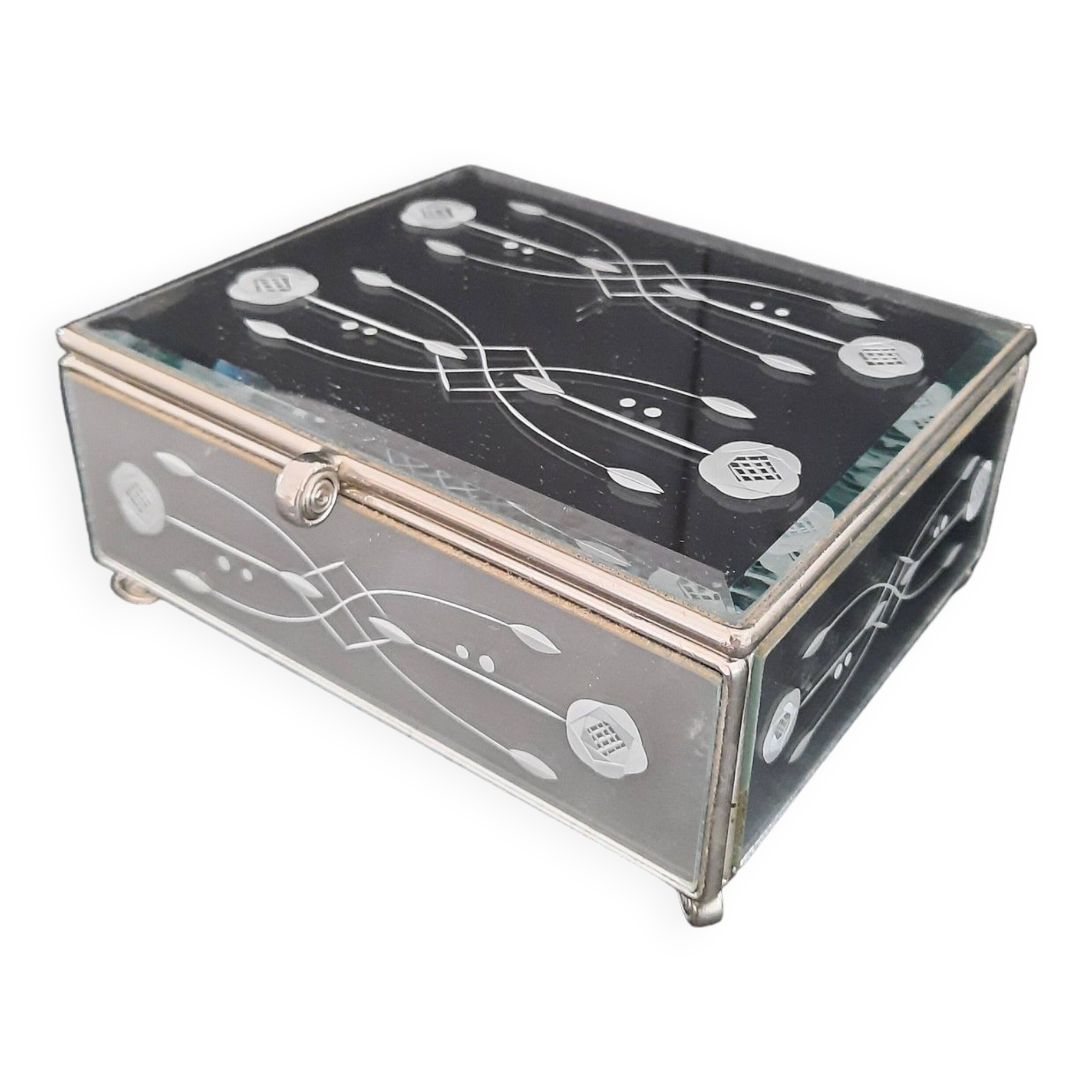 Vintage jewelry box 1950 50' 1960 60' beveled mirror rose pattern