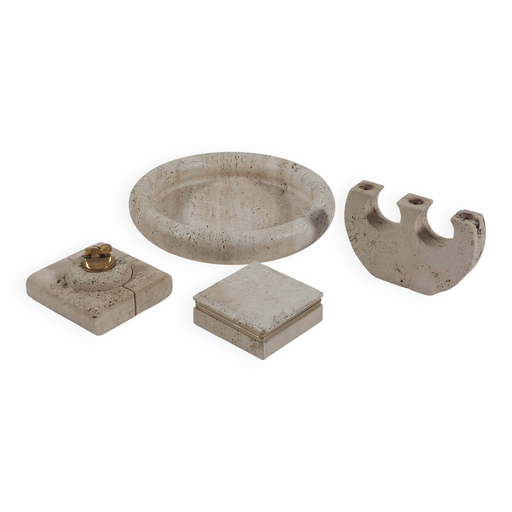 Vintage mid century travertine table set vide poche candleholder ashtray