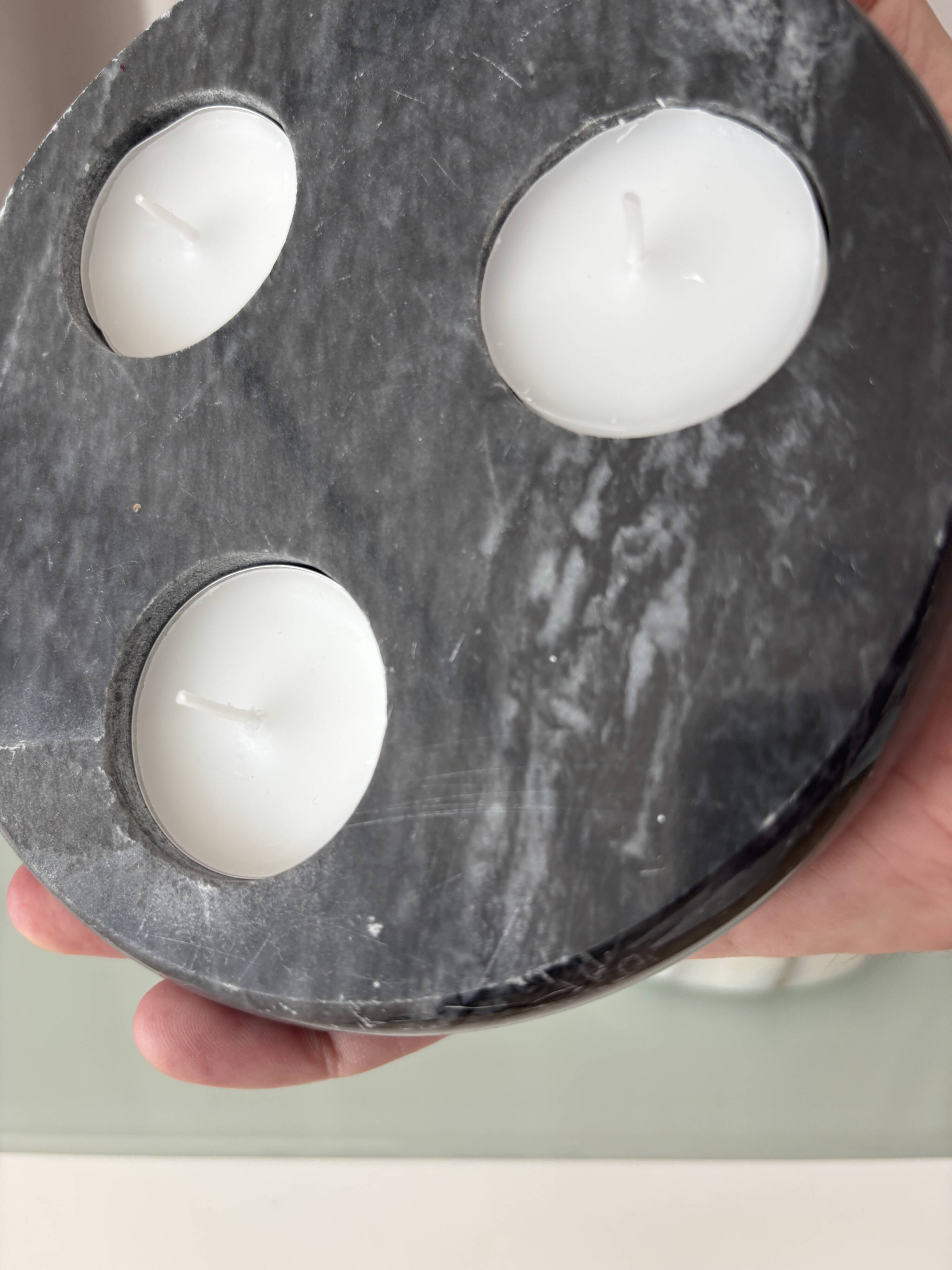 Pair of Vintage Marble Triple Tealight Candle Holders – Black & White
