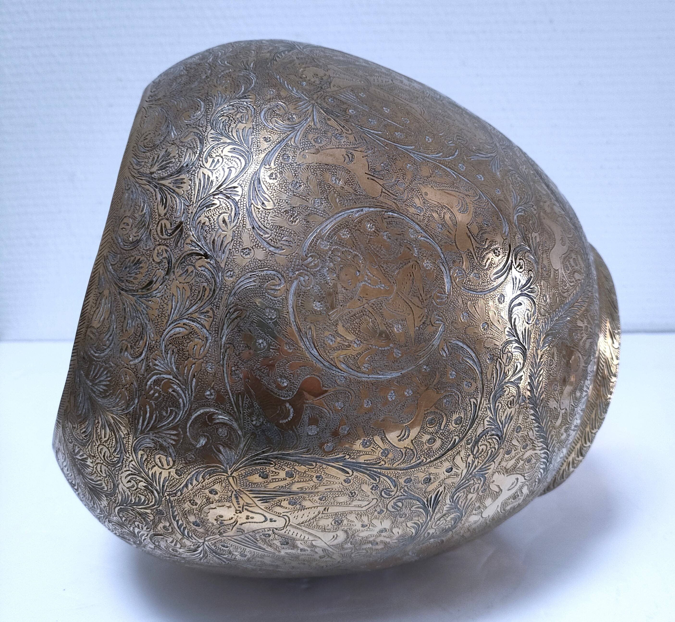 Solid brass pot cover engraved with animal, plant and character decoration