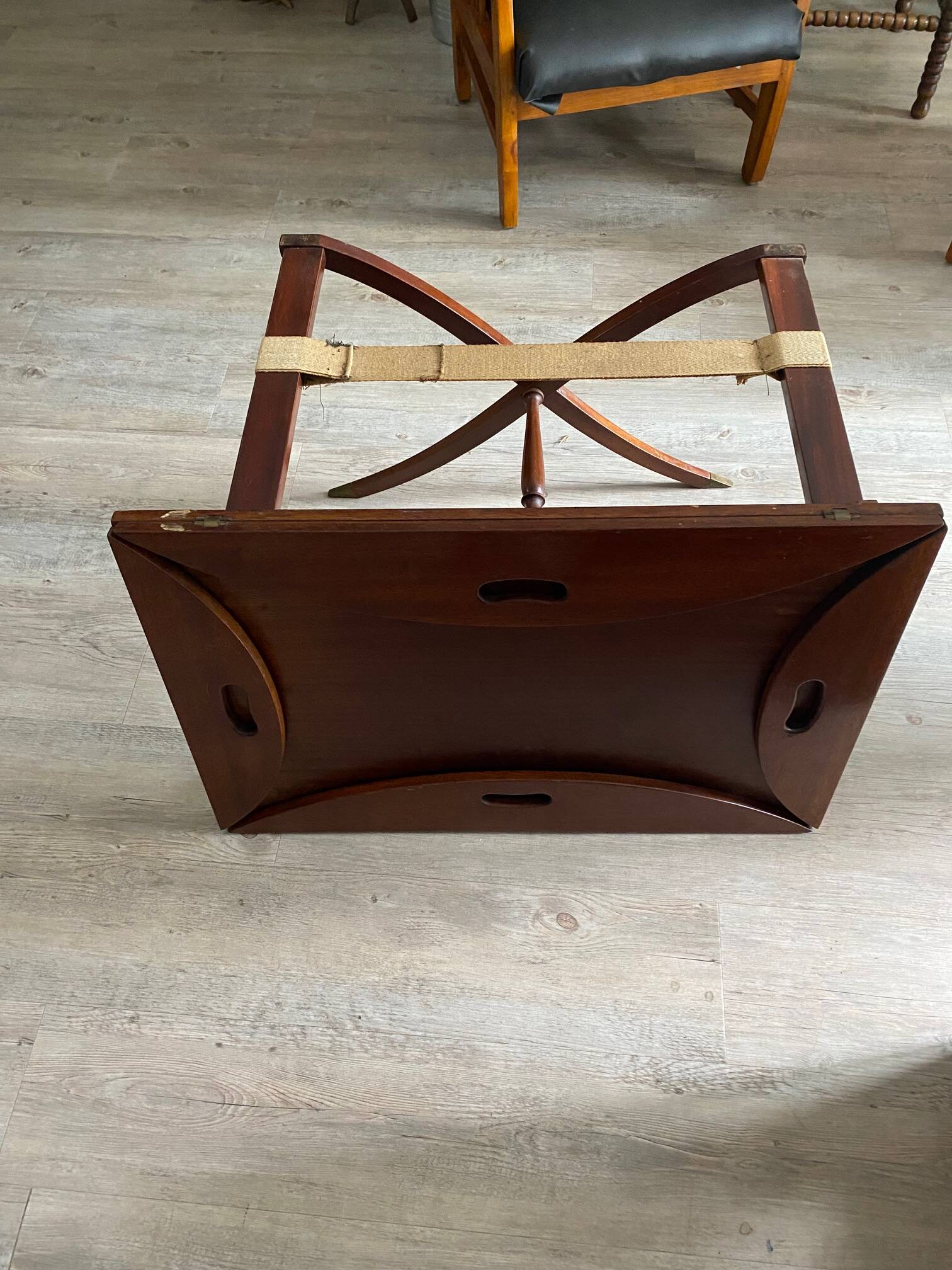 NAUTICAL STYLE FOLDING COFFEE TABLE WITH MAHOGANY BUTLER TOP