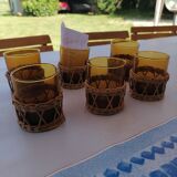 6 small glasses Amber Blown Glass garnished wicker 1 cracked