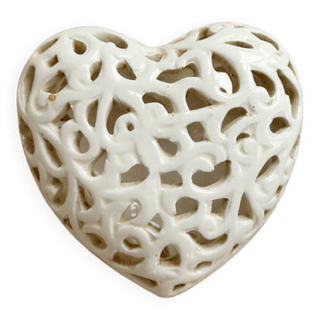 Openwork heart-shaped box in ivory earthenware – Vintage sweet jar