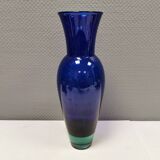 Holmegaard Harlequin Glass vase in blue with thick green base. Designed by Anja Kjær in 1994.
