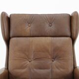1970 Svend Skipper High Back Armchair and Stool in Brown Leather, Denmark