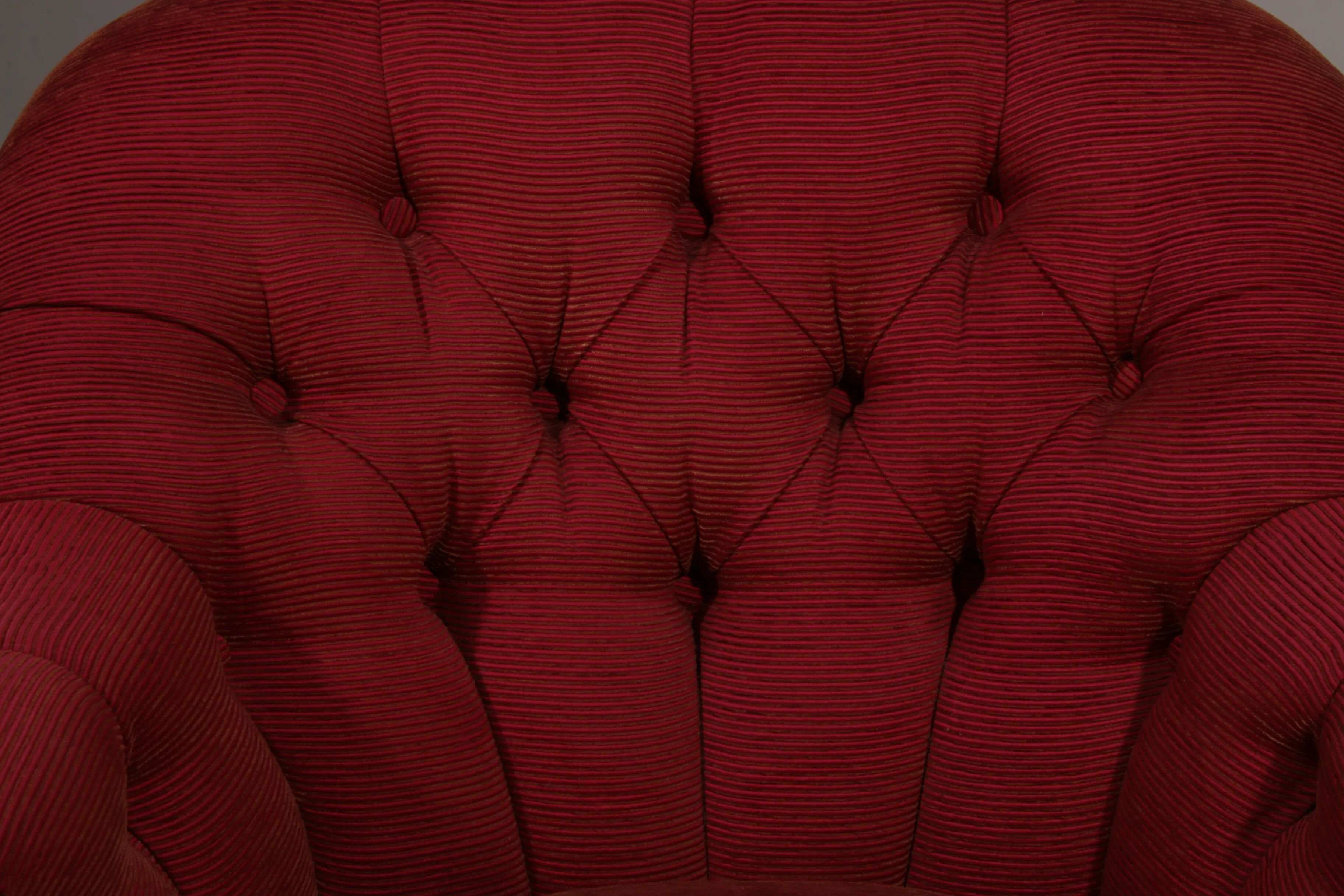 Pair of French red fabric button back armchairs