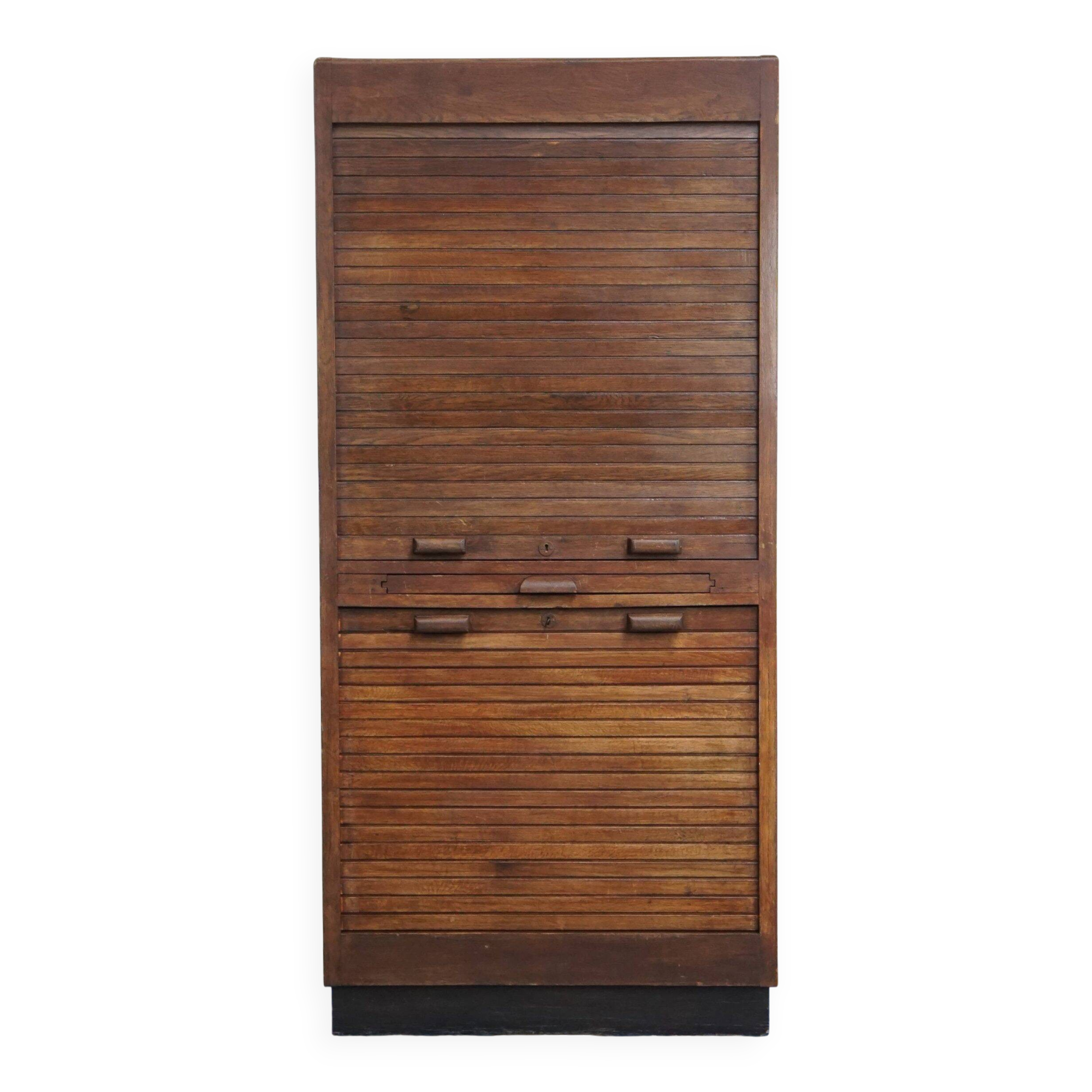 Antique oak notary cabinet with two roller doors and a working lock