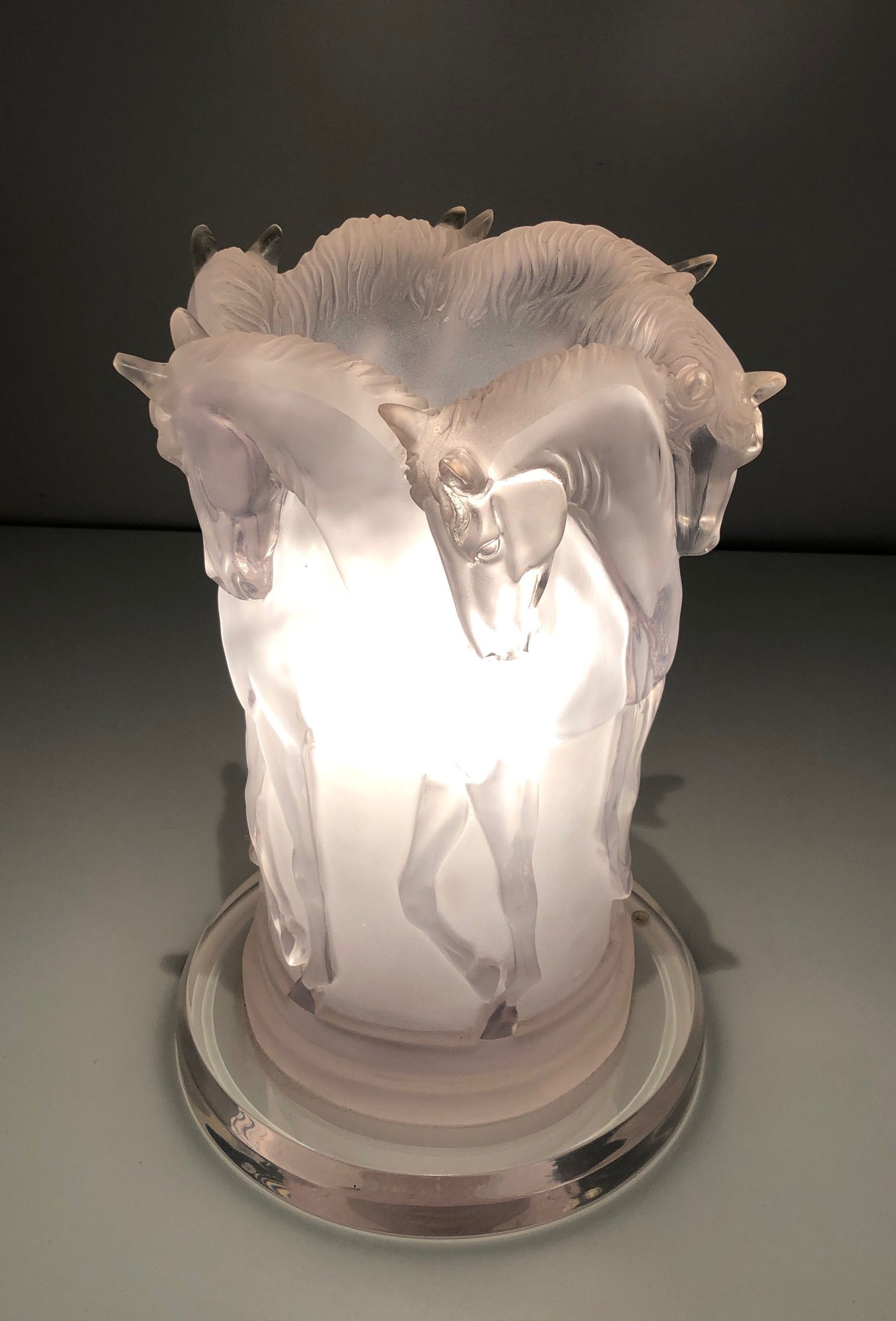 Plexiglass horse lamp in the style of Lalique.