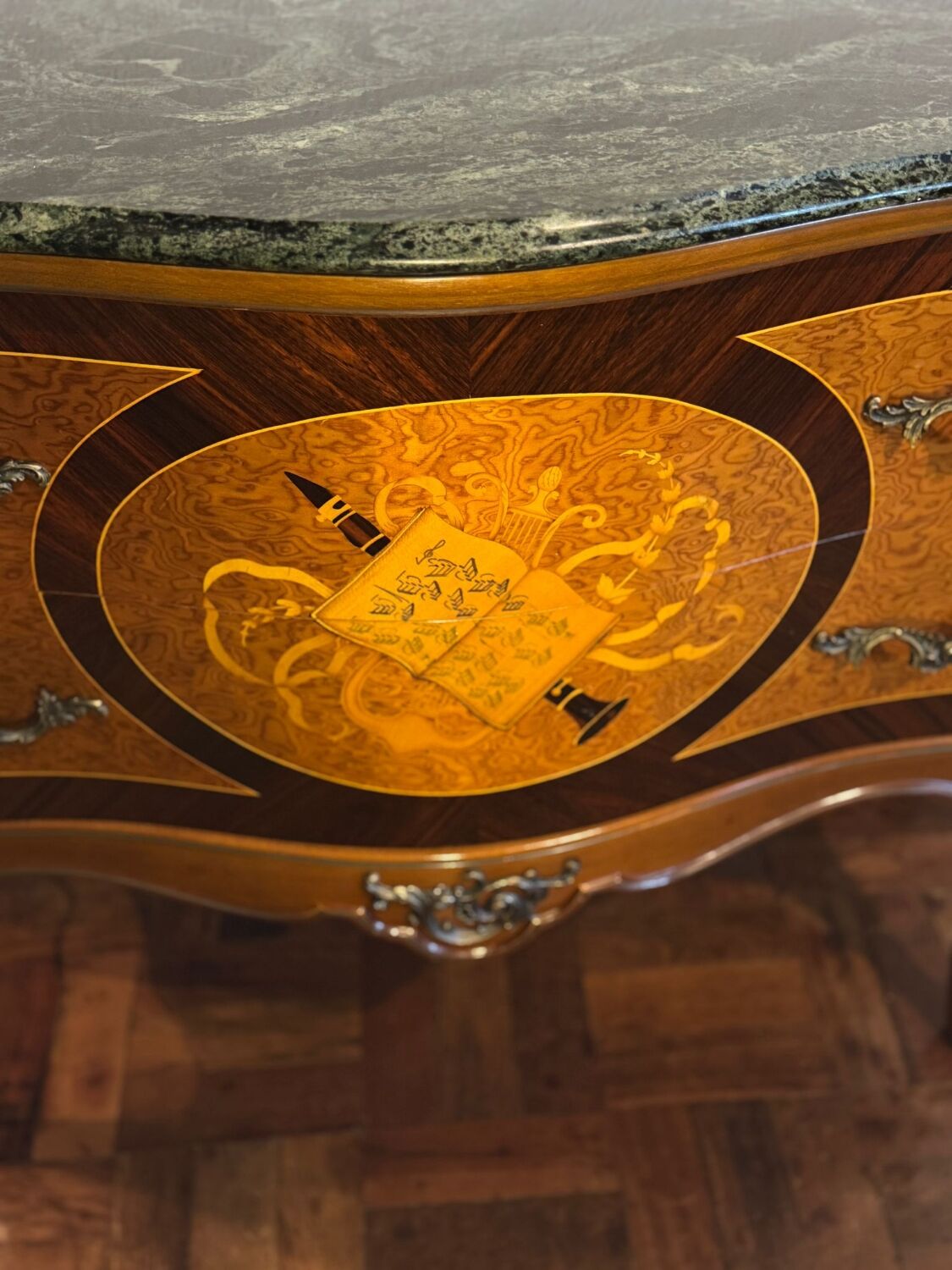 Exquisite Louis XV Style Bombé Commode with Musical Marquetry & Marble