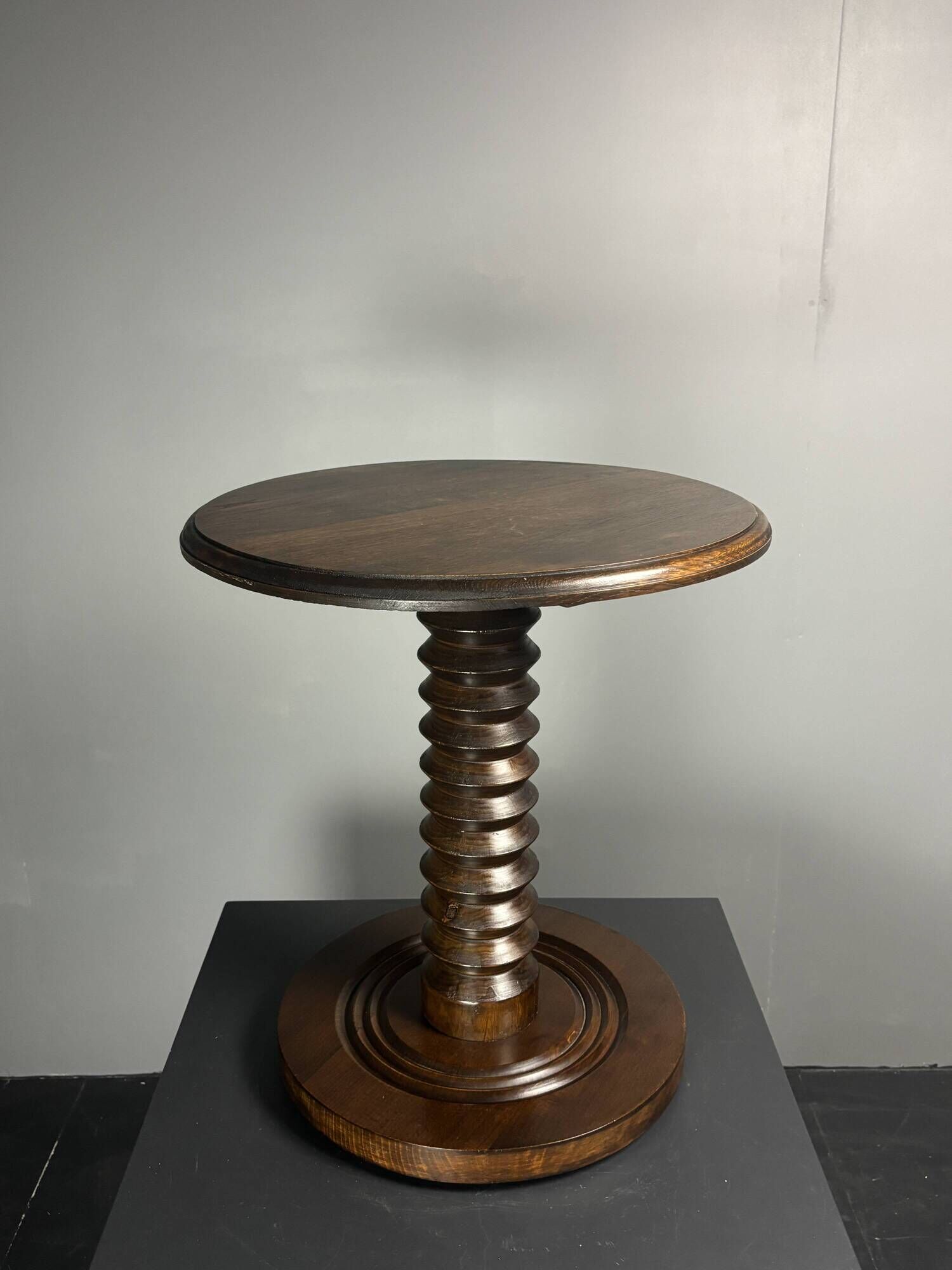 Midcentury brutalist wood turned side table, Charles Dudouyt style, 1950s