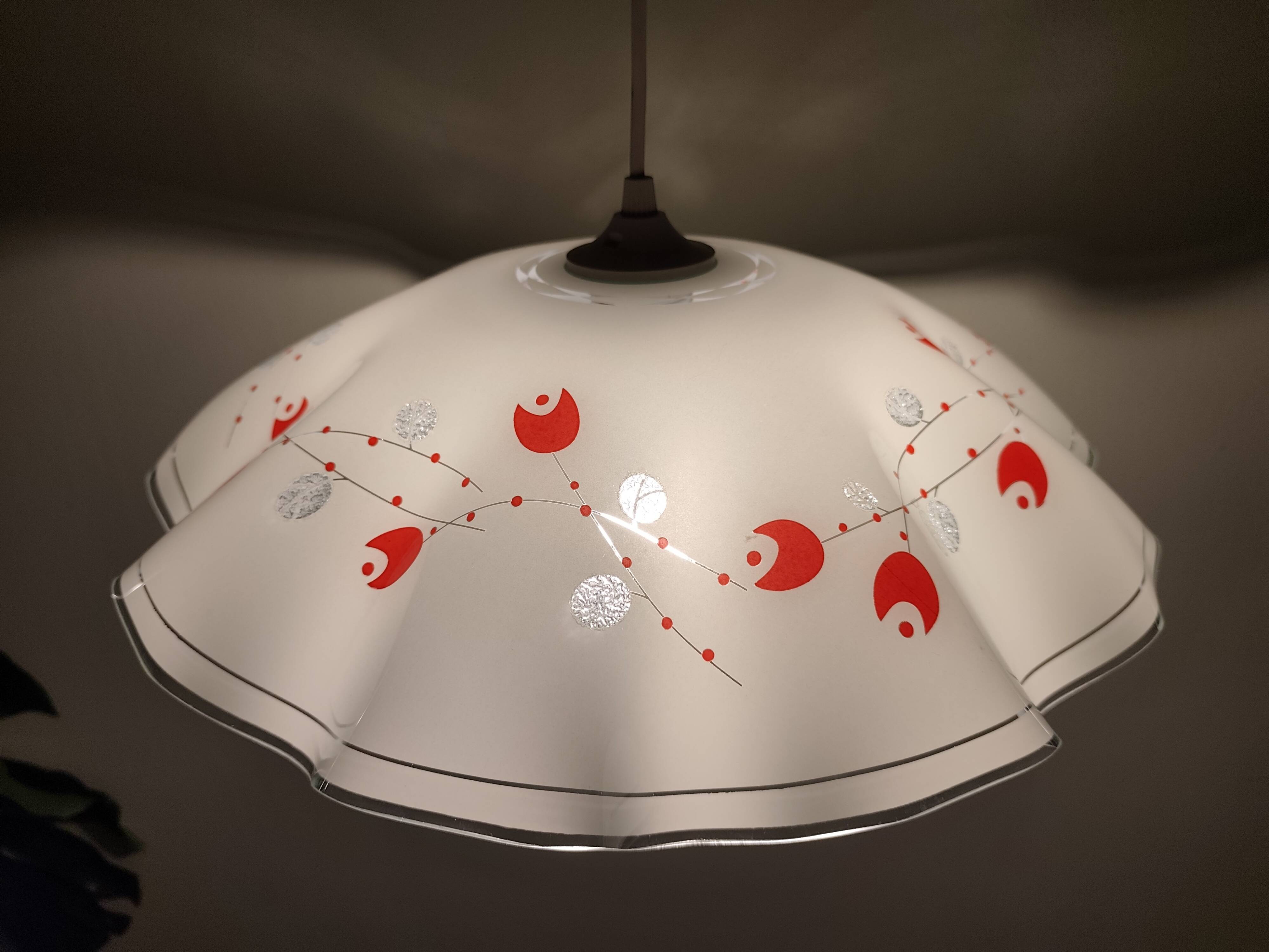 White opaline glass suspension with red and silver floral decoration.