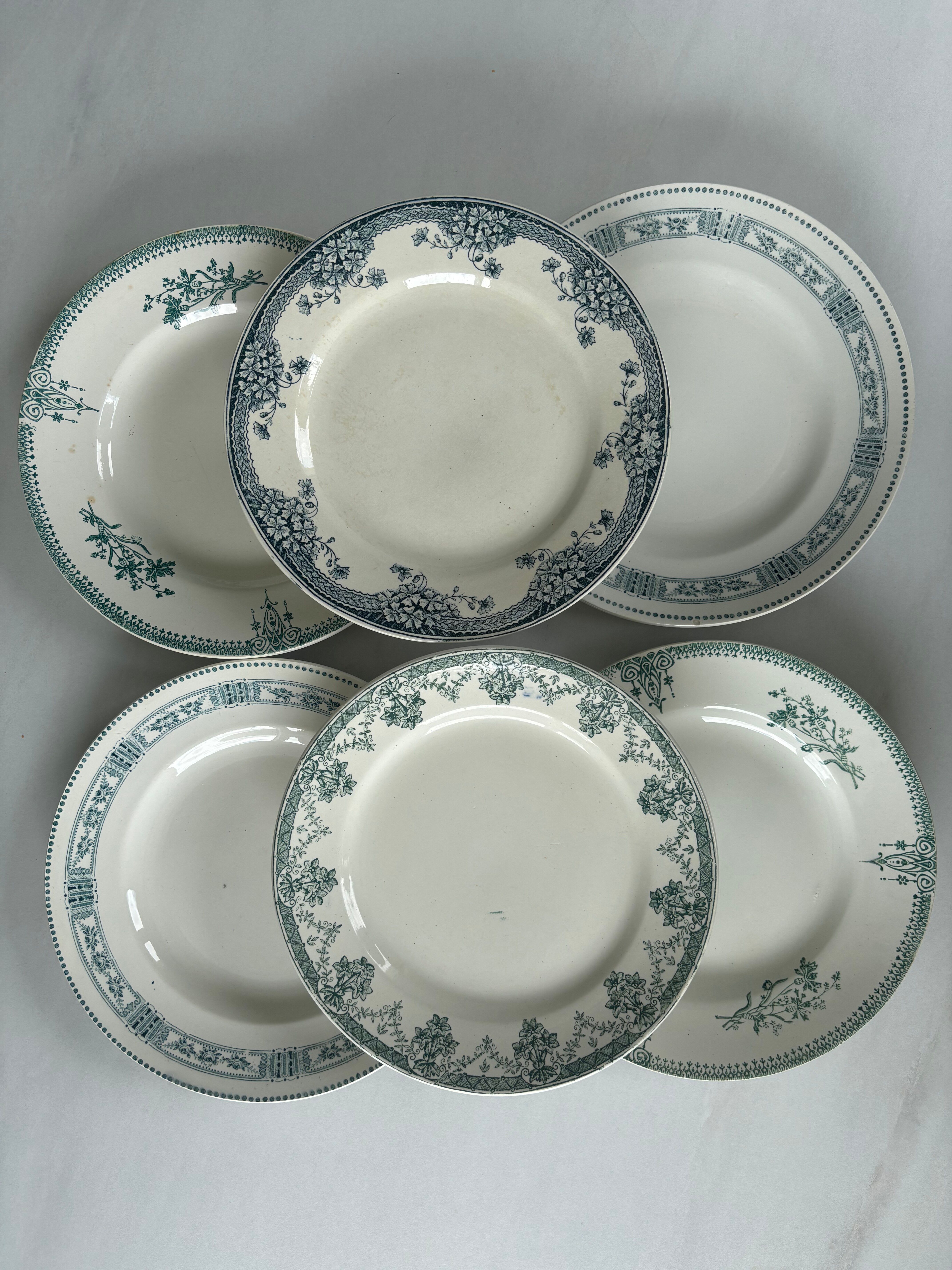 Lot 6 blue and green ironstone plates, antique French earthenware.