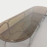 Large vintage modular oval dining table in smoked glass and chromed metal, Space Age style, 70s