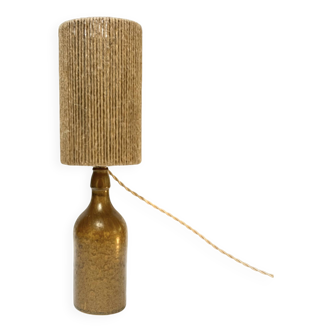 Vintage lamp in beige brown pyrite stoneware with raffia rope shade 1970