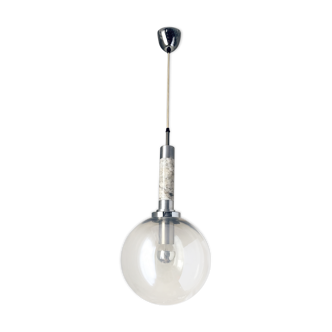 Suspension scandinave en marbre inox brossé et globe verre fumé. 1970