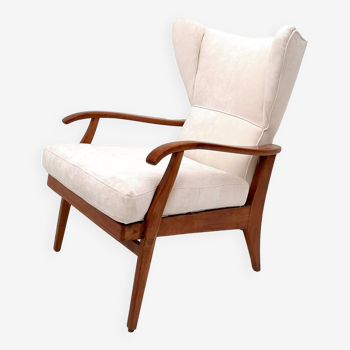 Vintage Reclining Armchair with Cherry Frame and White Velvet Upholstery, Italy