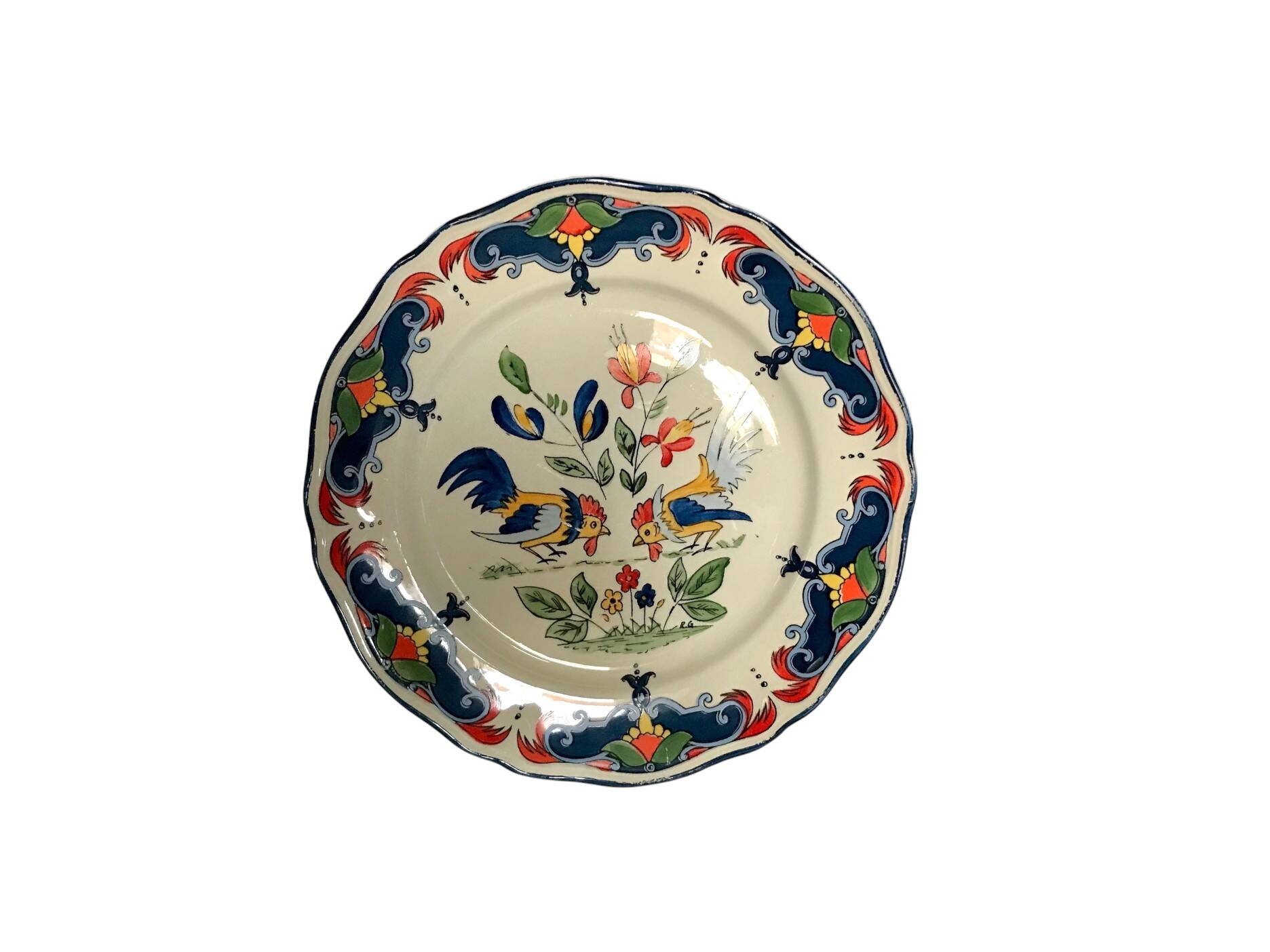 Ancienne assiette faïence Orchies décor coqs XXème