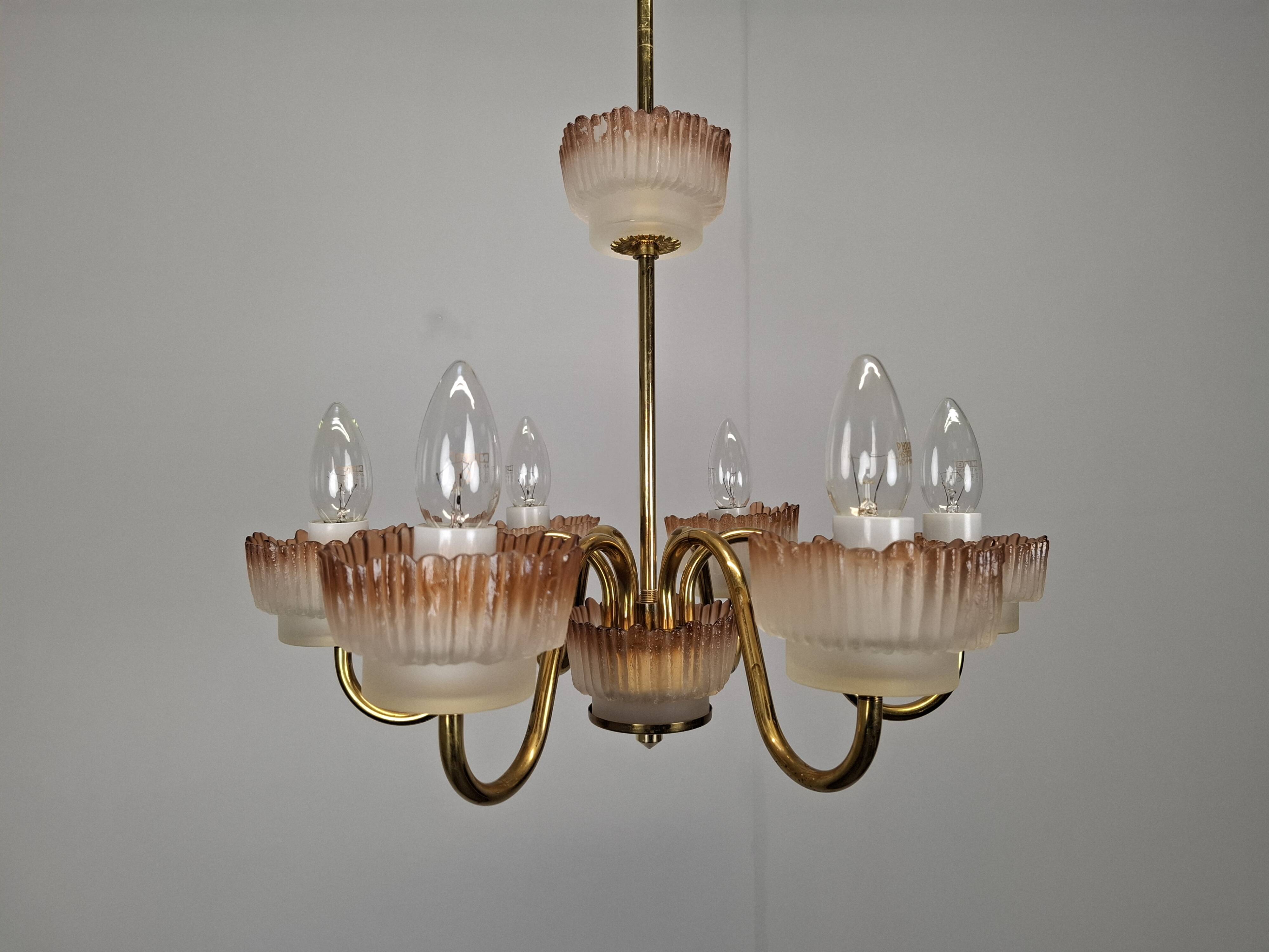 1960s Czech Mid-Century Brass and Železný Brod Frosted Glass Six-Arm Chandelier