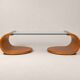 Sculptural coffee table in wood and glass — circa 1970