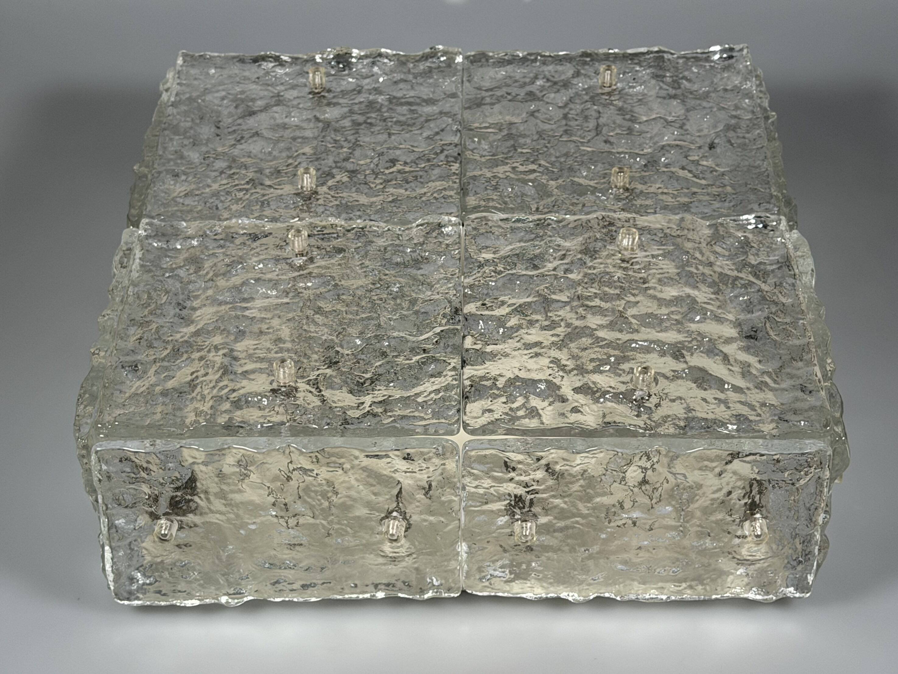 1960s 1970s Ice Glass Flush Mount Plafoniere by Kalmar Franken KG Austria
