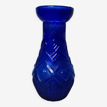 Vase à bulbe bleu vintage en verre moulé motif géométrique